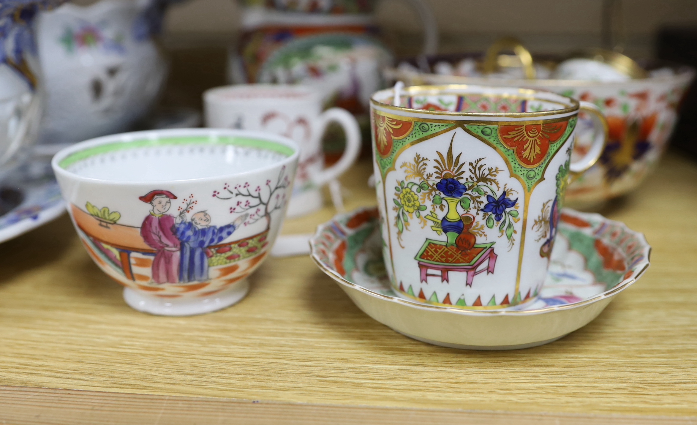 A pair of English ‘Japan Opaque’ china chestnut baskets and stands, c.1825, a Worcester 'dragons in compartments' saucer, Liverpool? coffee can a tea bowl, a pearlware jug etc.